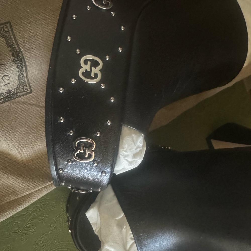 Gucci Women's Janaya GG Studded Heeled Platform Slide Sandals Leather Black